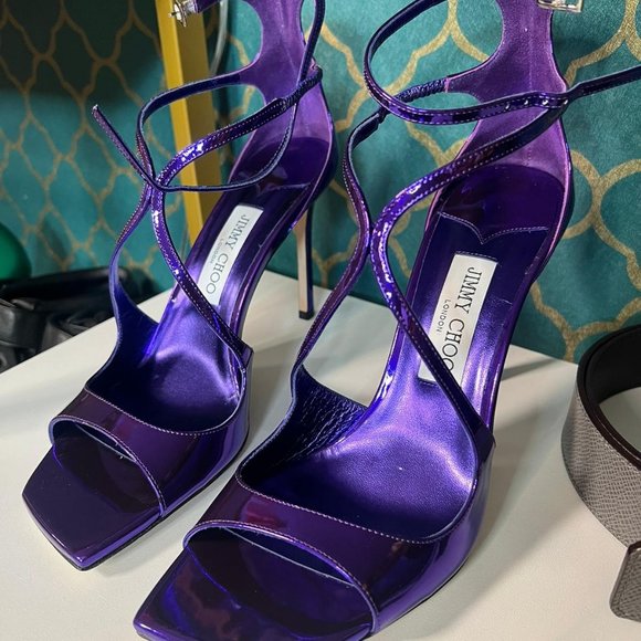 Jimmy Choo Azia 95 Cassis Liquid Metal Leather Sandals new - Picture 3 of 3